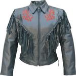 Red rose and fringe decorates this ladies leather jacket