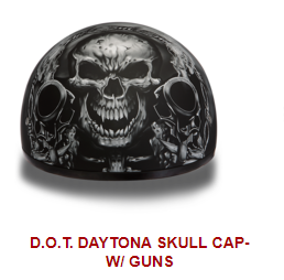 Helmet with crazy fanged skull holding handguns