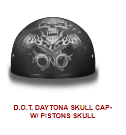 Helmet with crazed fanged skull over crossed pistons