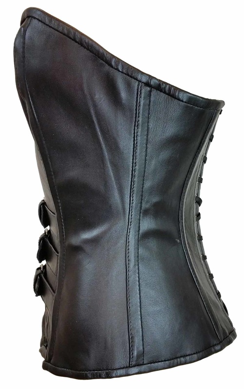 side view of leather corset shows shape