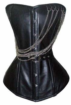 Leather shoulderless corset with chains hanging off left side