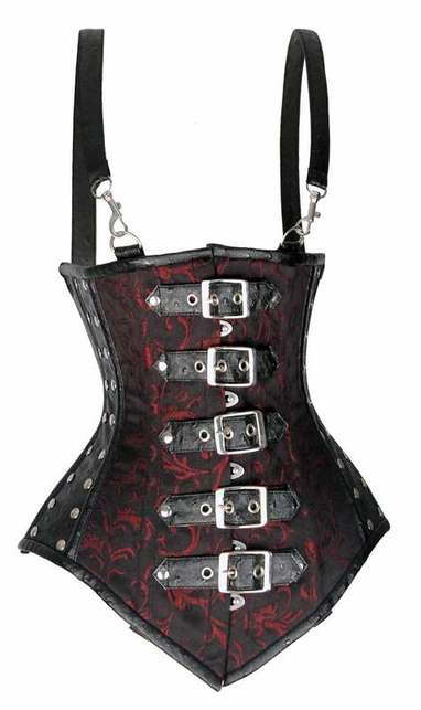 Black and red steampunk style corset has shoulder straps