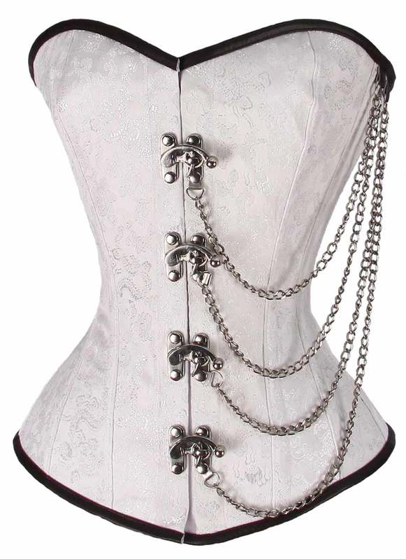 classy white corset with chains draped on one side, substantial clasps hold it shut