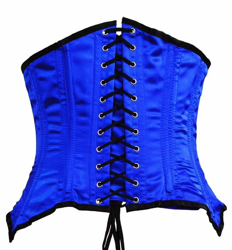 back of blue satin corset